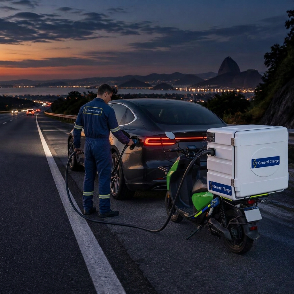 Técnico da General Charge recarregando um carro elétrico na rodovia com o eletroposto móvel montado em scooter